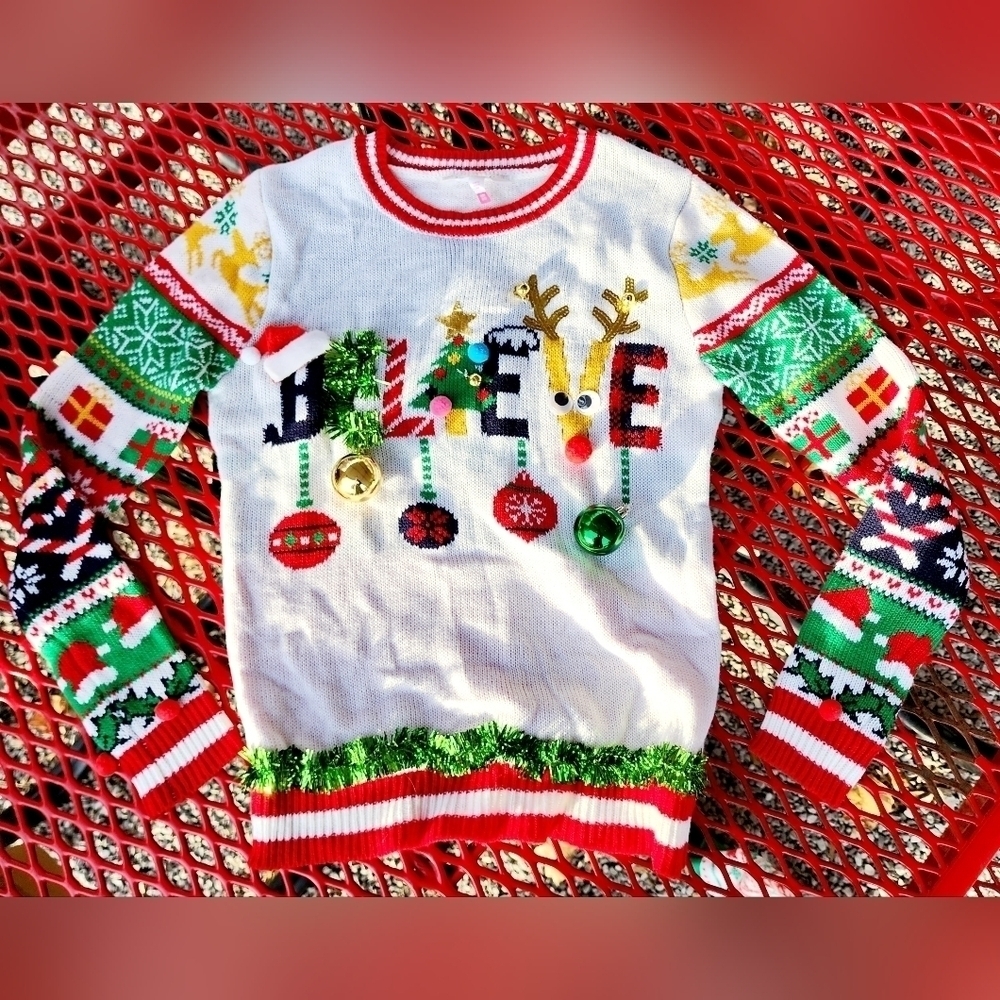 NOBO "Believe" Ugly Christmas Sweater Women's Small S Ornaments Pom Poms Felt 3D